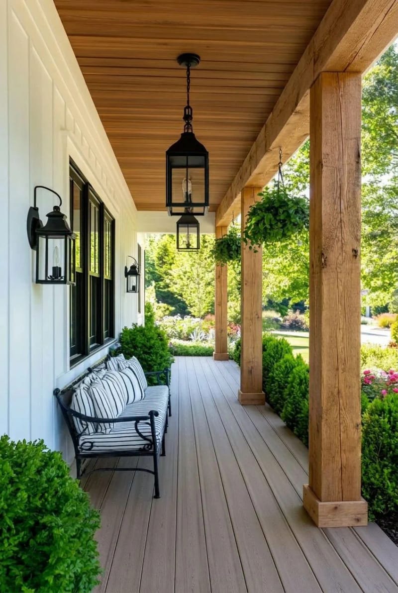 wooden farmhouse porch with timber columns and black lanterns. 1