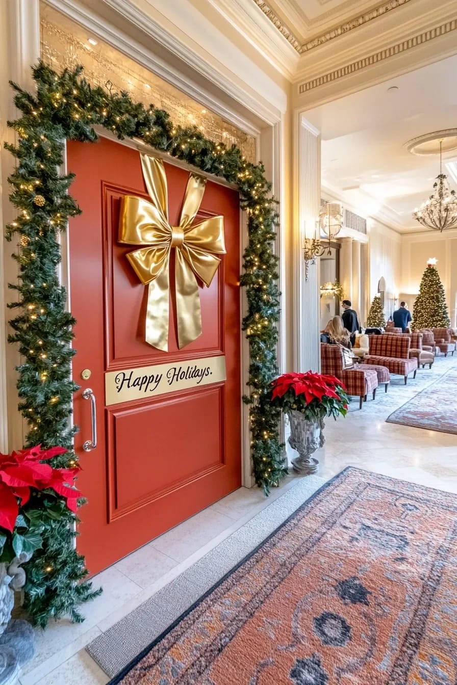 Office Christmas Door Decorating Contest Ideas That Win Without Wrecking the Door 3 A red office door decorated for a Christmas door decorating contest, wrapped with a large gold bow and ribbon to resemble a gift, surrounded by garland with lights and flanked by poinsettia plants, in a festive office lobby.
