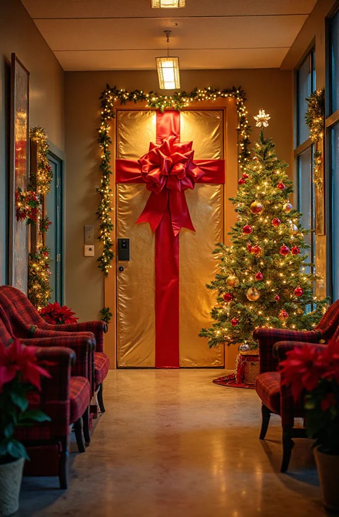 Office Christmas Door Decorating Contest Ideas That Win Without Wrecking the Door 4 A festive office door decorated for a Christmas door decorating contest, wrapped entirely in shiny gold paper with a large red bow and ribbon, surrounded by garlands and Christmas lights, with a decorated Christmas tree and holiday seating nearby.