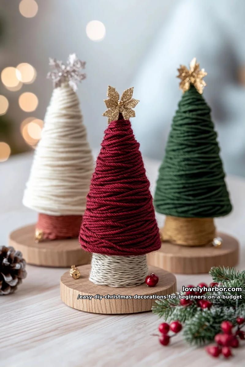 12 Easy DIY Christmas Decorations for Beginners on a Budget 6 yarn-wrapped cardboard cone trees for a tabletop cluster 1