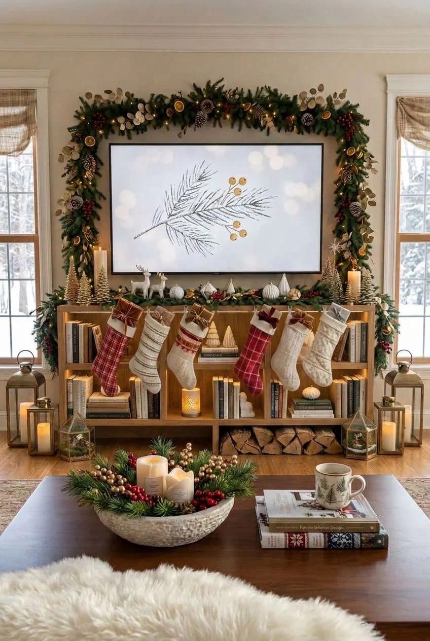 Christmas Decor Ideas Without a Fireplace: Where to Put the Focal Point Instead 2 your tv wall is the christmas mantel you already have 1