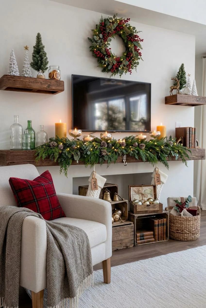 Christmas Decor Ideas Without a Fireplace: Where to Put the Focal Point Instead 3 your tv wall is the christmas mantel you already have 1