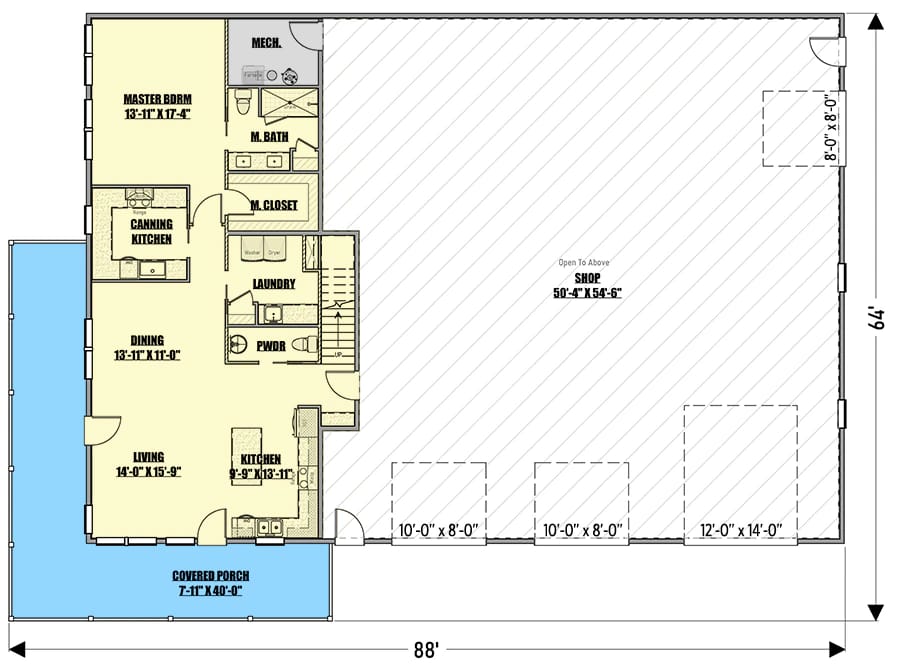 3 bed barndominium house plan with oversized garage 1