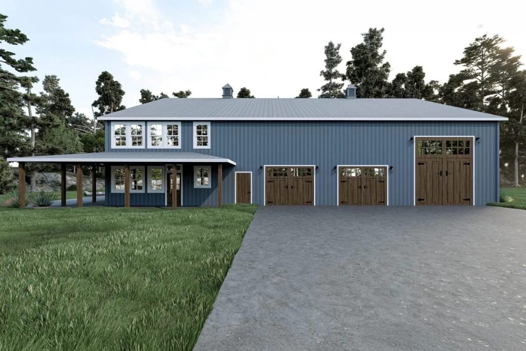 Lovely Harbor 46 Two-story blue barndominium with metal roof, wraparound porch, and three wood-look garage doors