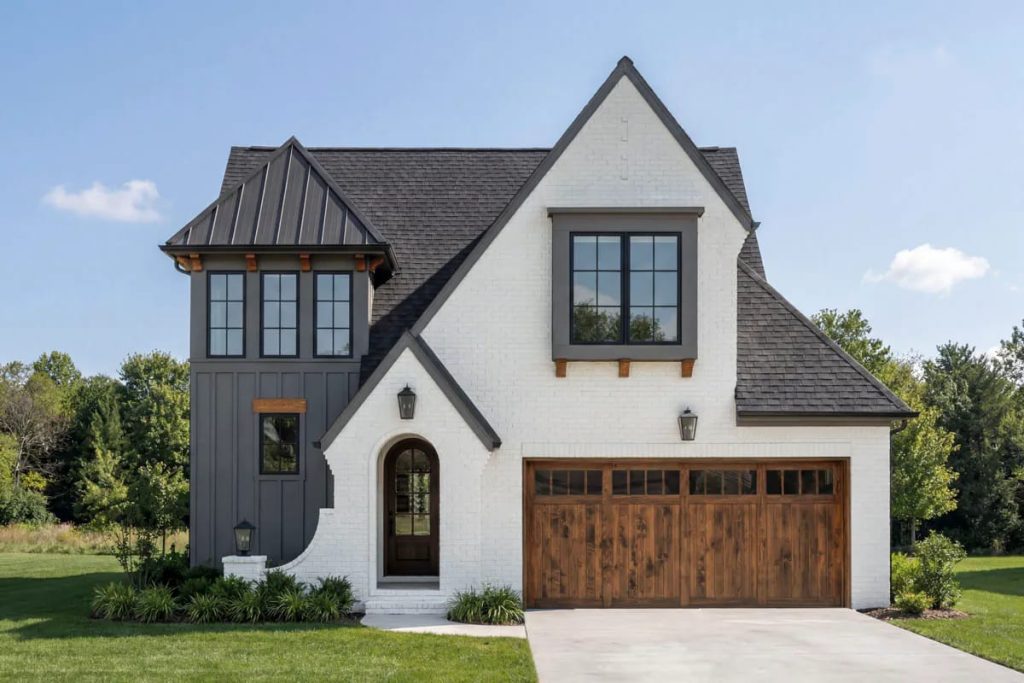 Modern cottage-style home with steep gable roof, white brick, and dark board-and-batten siding