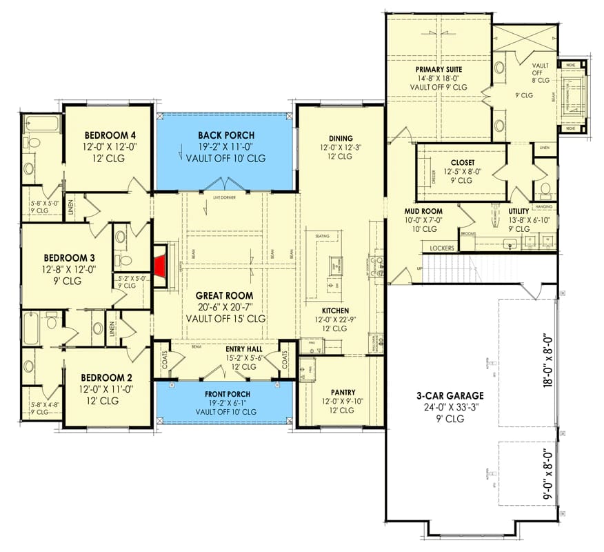 4-Bedroom Modern Farmhouse House Plan with a Vaulted Great Room and Bonus Room (2,877 Sq. Ft. Floor Plan) 2 4 bed modern farmhouse plan under 2900 square feet 1