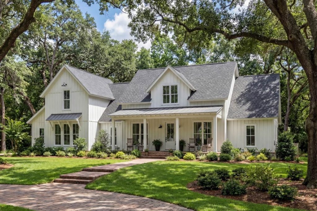 Modern farmhouse with white board-and-batten siding, gabled roof, and covered front porch