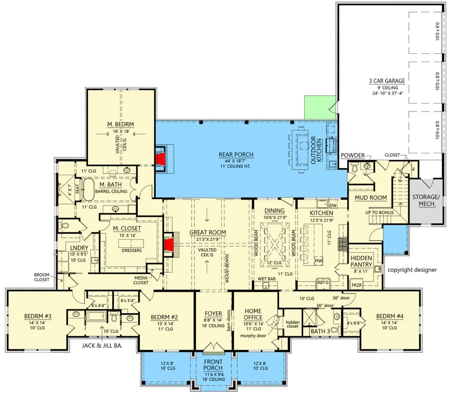 4-Bedroom Modern Farmhouse House Plan with an Outdoor Kitchen and Fireplace on a 44-Foot Porch (3,877 Sq. Ft. Floor Plan) 2 4 bedroom modern farmhouse plan with outdoor kitchen and fireplace 1