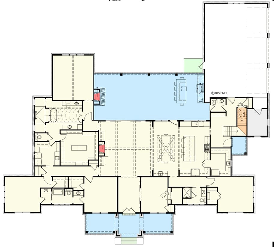 4-Bedroom Modern Farmhouse House Plan with an Outdoor Kitchen and Fireplace on a 44-Foot Porch (3,877 Sq. Ft. Floor Plan) 4 4 bedroom modern farmhouse plan with outdoor kitchen and fireplace 1