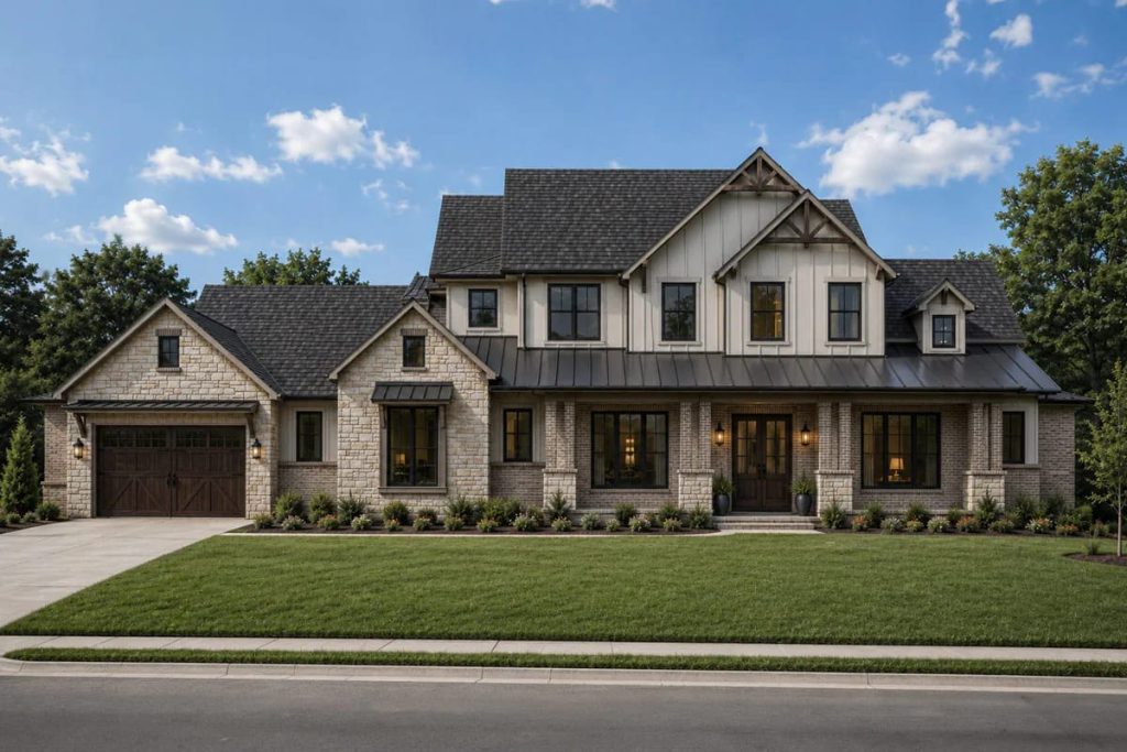 Lovely Harbor 43 Two-story home with stone, brick, and board-and-batten siding, covered front porch, and multi-gable roof