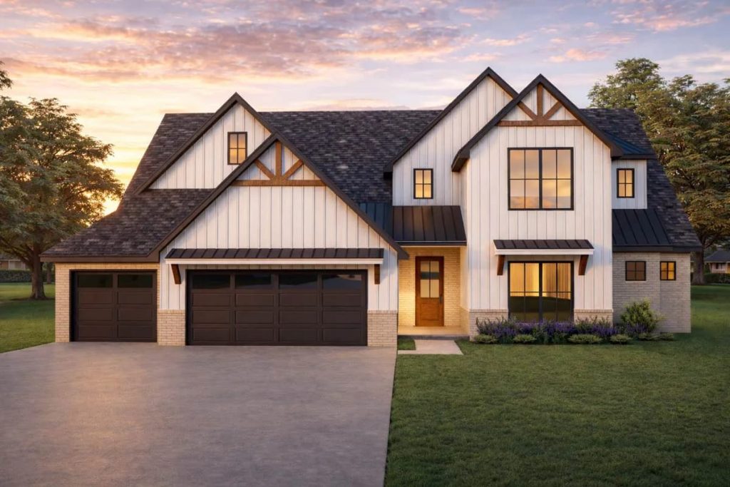 Lovely Harbor 43 Modern farmhouse exterior with white siding, brick base, black windows, and three-car garage