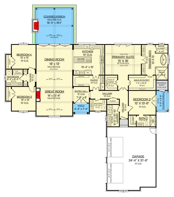 4 bedroom transitional farmhouse house plan with vaulted great room 1