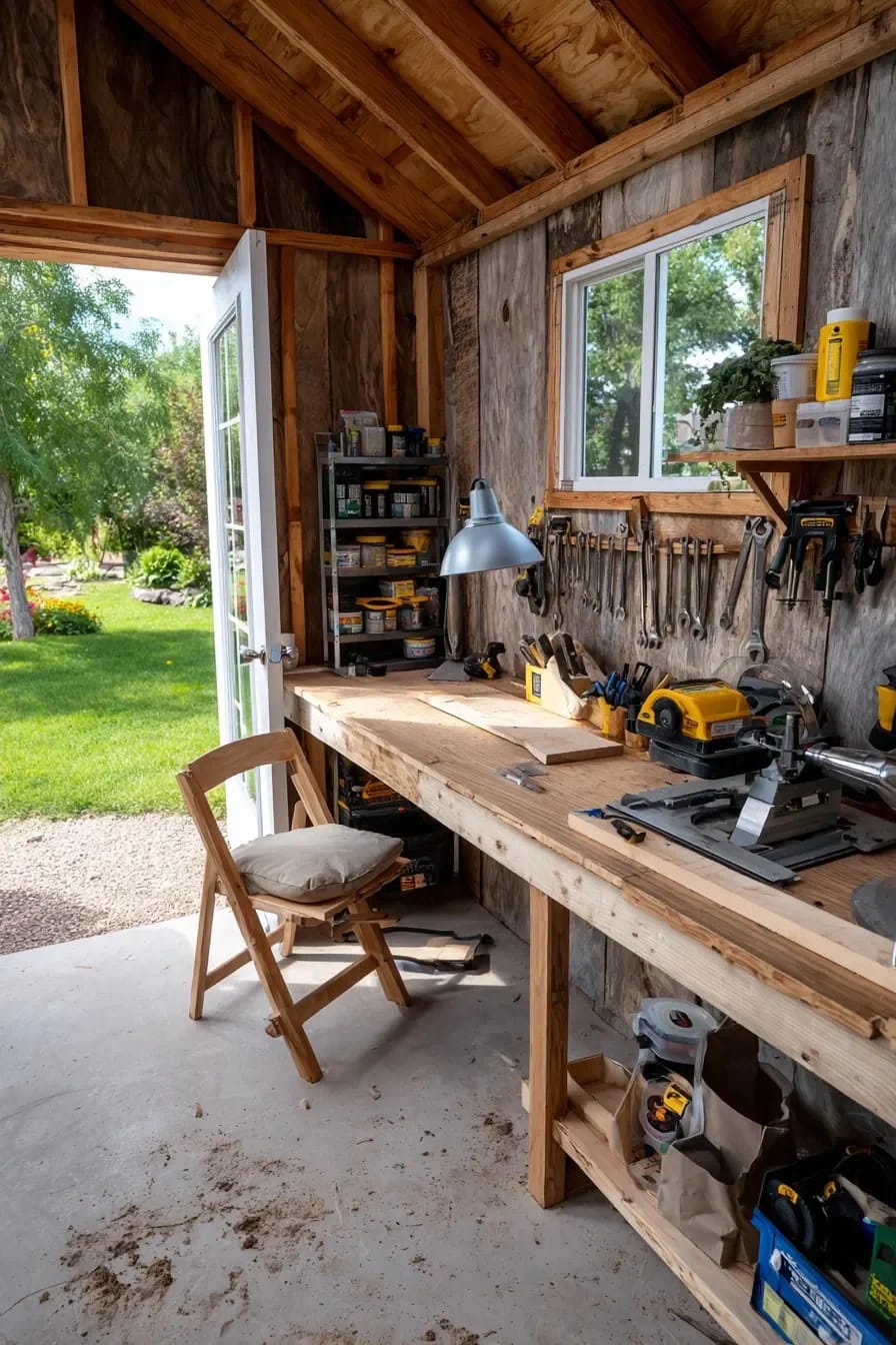 Workshop Studio Ideas for People Who Actually Make Things 4 Interior of a backyard shed workshop studio with a wooden workbench, various tools hanging on the wall, a metal lamp, power tools, storage shelves, and a wooden chair, illustrating practical studio ideas for people who actually make things.