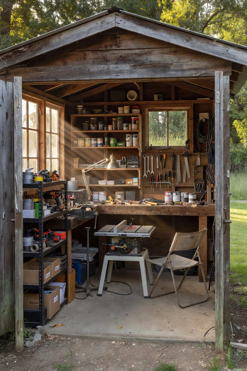 Workshop Studio Ideas for People Who Actually Make Things 5 A backyard shed converted into a workshop studio, featuring organized tools, shelves with supplies, a workbench, a table saw, and a folding chair, illustrating workshop studio ideas for people who actually make things.