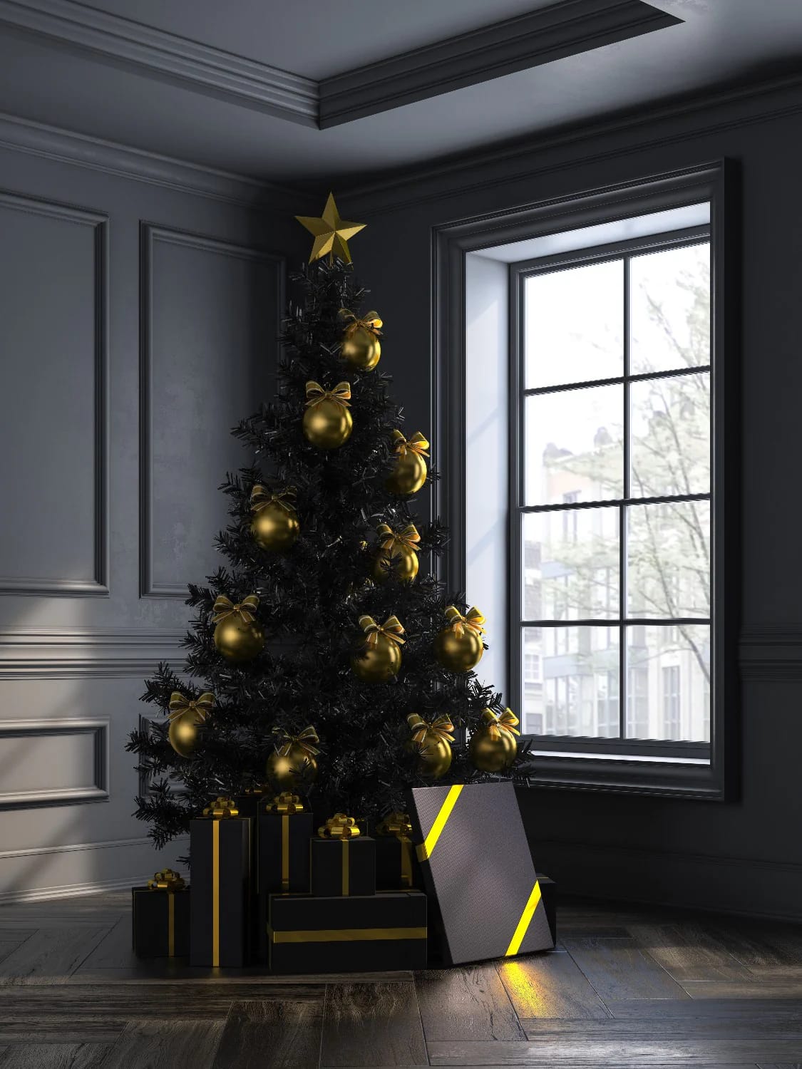 9 Monochrome Christmas Tree Themes for a Single-Color Tree That Still Looks Finished 11 A black Christmas tree decorated with shiny gold ornaments and a gold star topper, surrounded by black gift boxes with gold ribbons, set in a modern room with dark paneled walls and a large window, illustrating a monochrome Christmas tree theme.