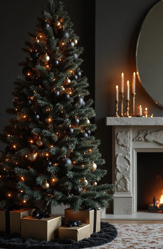 9 Monochrome Christmas Tree Themes for a Single-Color Tree That Still Looks Finished 12 A monochrome Christmas tree decorated with black and gold ornaments and warm white lights, set in a dark room near a lit fireplace and candles, with gold-wrapped presents underneath, illustrating a finished single-color black tree theme.