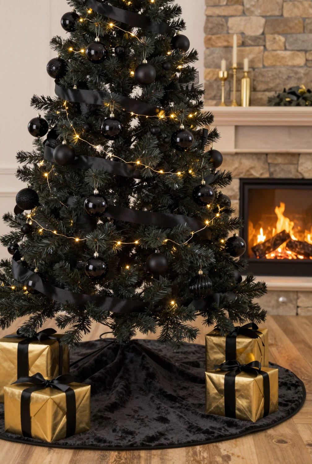 9 Monochrome Christmas Tree Themes for a Single-Color Tree That Still Looks Finished 13 A black Christmas tree decorated with black ornaments, black ribbon, and warm white string lights, with gold gift boxes wrapped in black ribbon underneath, set in a cozy living room near a fireplace, illustrating a monochrome Christmas tree theme.