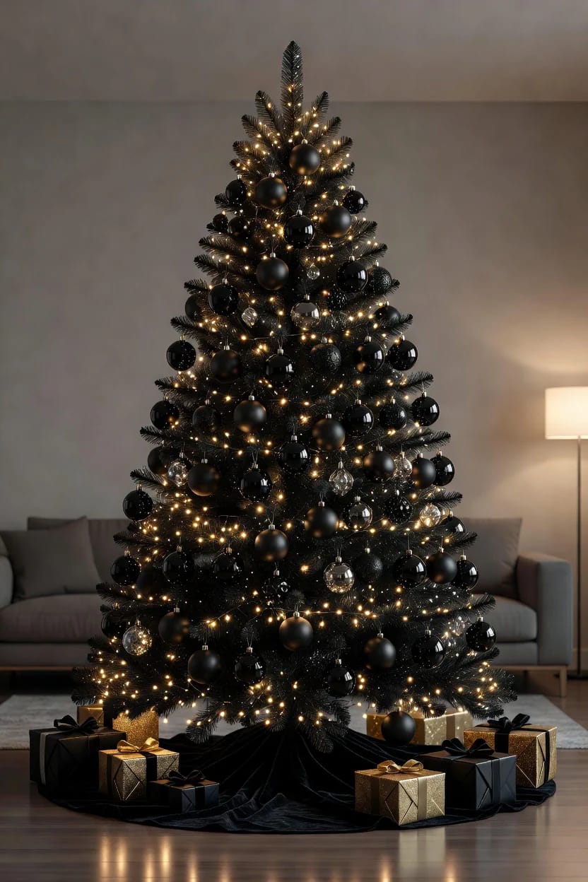 9 Monochrome Christmas Tree Themes for a Single-Color Tree That Still Looks Finished 14 A monochrome Christmas tree decorated in all black ornaments with warm white string lights, featuring gold and black wrapped presents underneath, styled for a single-color tree theme in a modern living room.
