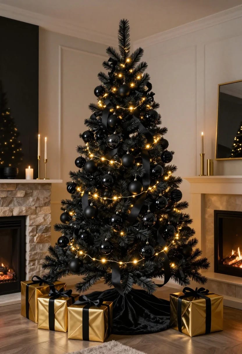 9 Monochrome Christmas Tree Themes for a Single-Color Tree That Still Looks Finished 15 A monochrome black Christmas tree decorated with black ornaments, black ribbon, and warm white string lights, positioned in a cozy living room with a fireplace and gold-wrapped gifts, illustrating a single-color tree theme for Christmas.