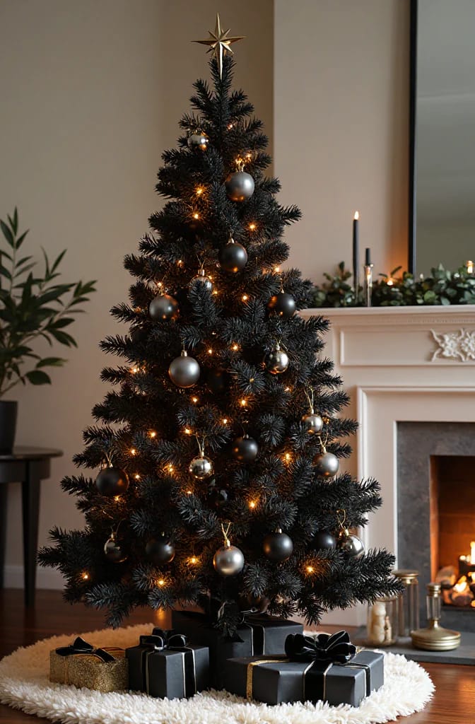 9 Monochrome Christmas Tree Themes for a Single-Color Tree That Still Looks Finished 16 a black tree needs sheen and a warm bulb or it reads as a silhouette 1