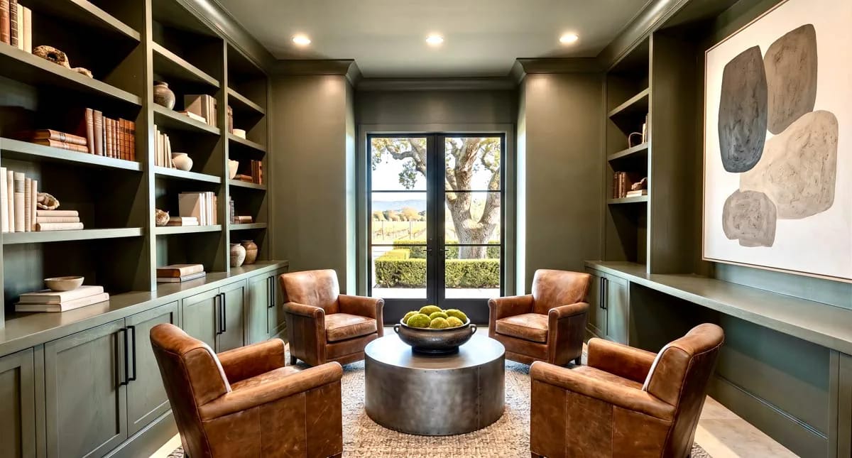 a home office painted olive on every surface 1