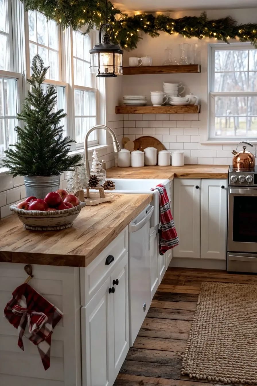 Farmhouse Christmas Kitchen Decor Ideas That Survive an Actual December 21 a mini tree earns counter space only in a corner you never prep in 1