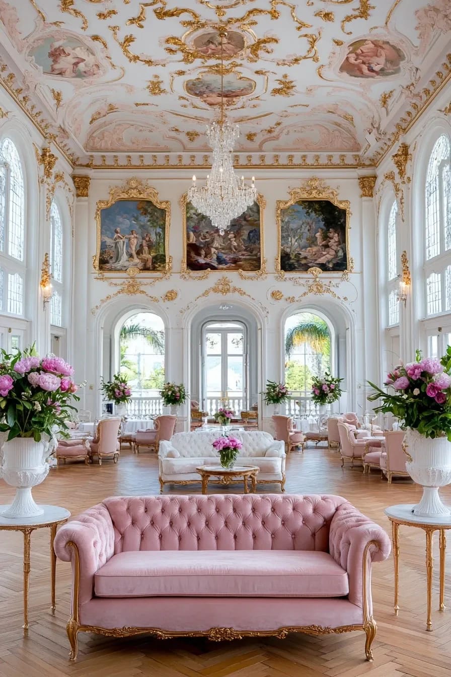 Rococo Room Ideas That Skip the Costume Drama 4 Elegant rococo room featuring ornate painted mural walls, a decorative ceiling with gold accents, crystal chandelier, pink and white tufted sofas, classic armchairs, and large windows, showcasing rococo room ideas that emphasize mural art over gilding.