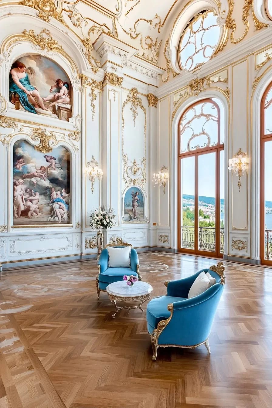 Rococo Room Ideas That Skip the Costume Drama 5 Elegant rococo-inspired room featuring large painted mural walls, ornate gold detailing, tall arched windows, blue velvet armchairs, a marble coffee table, and intricate wood flooring, illustrating rococo room ideas that emphasize murals over gilding.