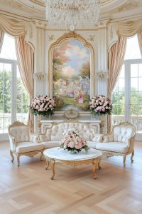 Rococo Room Ideas That Skip the Costume Drama 1 Luxurious rococo-inspired living room featuring an ornate painted mural wall, cream and gold tufted furniture, a marble coffee table with a floral centerpiece, large windows with draped curtains, and abundant pink rose arrangements, illustrating rococo room ideas that skip costume drama.
