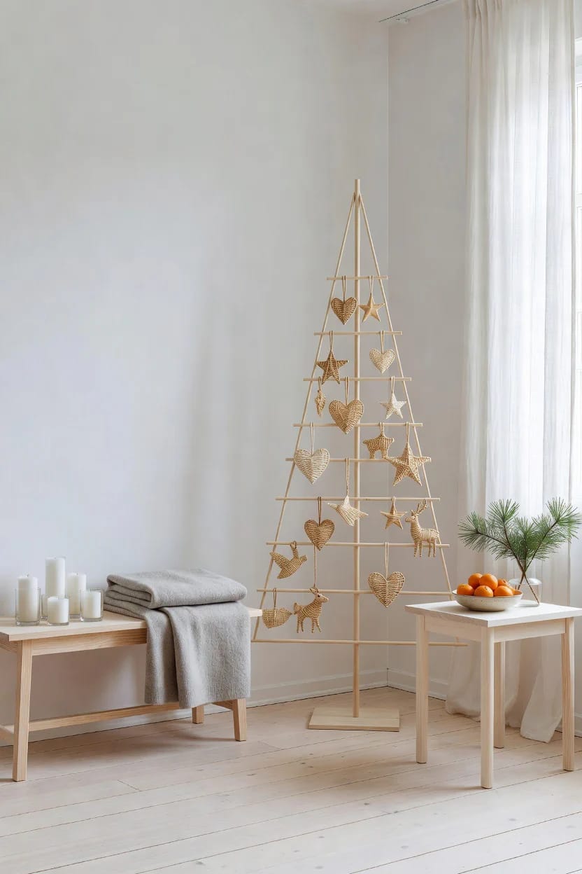Scandinavian Christmas Decor With Pale Wood and Straw Ornaments That Reads Nordic, Not Rustic 19 Minimalist Scandinavian Christmas decor featuring a pale wood dowel tree adorned with straw ornaments shaped like hearts, stars, and animals, set in a bright room with light wooden furniture, a stack of gray blankets, white candles, and a bowl of oranges with pine branches, reflecting Nordic style.