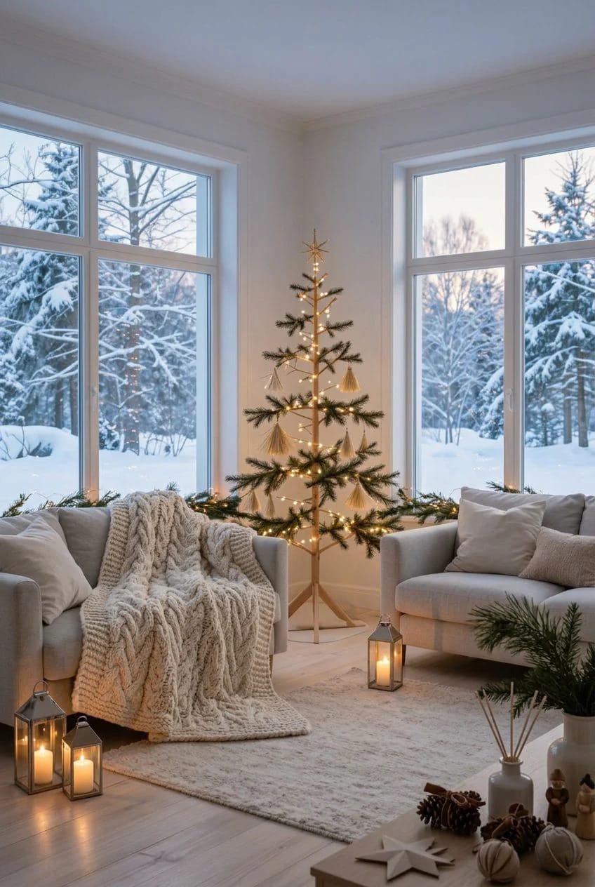 Scandinavian Christmas Decor With Pale Wood and Straw Ornaments That Reads Nordic, Not Rustic 20 A bright living room featuring Scandinavian Christmas decor with a pale wood dowel tree decorated with straw ornaments and string lights, surrounded by cozy seating, candles in lanterns, and soft neutral textiles, with snowy trees visible through large windows.