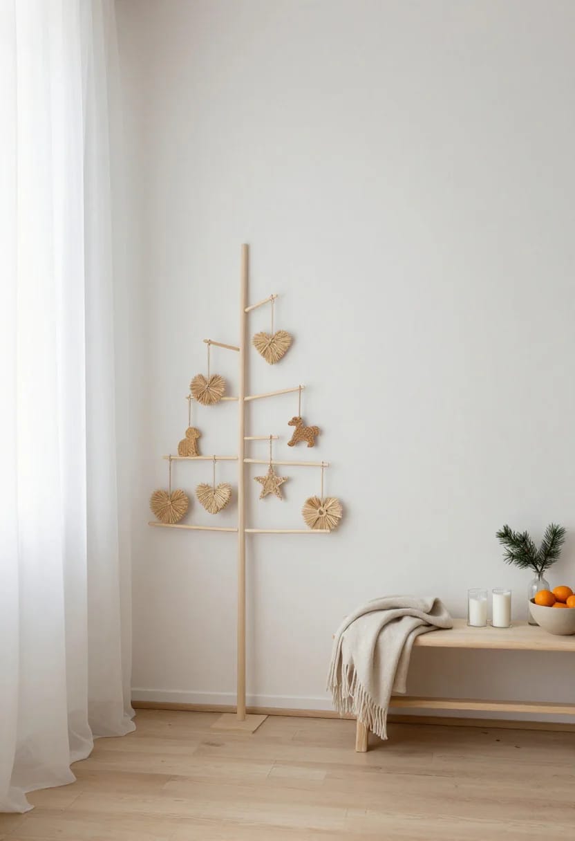 Scandinavian Christmas Decor With Pale Wood and Straw Ornaments That Reads Nordic, Not Rustic 21 Minimalist Scandinavian Christmas decor featuring a pale wood dowel tree adorned with straw ornaments in heart, star, and animal shapes, set against a light wall beside a simple wooden bench with a blanket, candles, and a small vase of greenery.