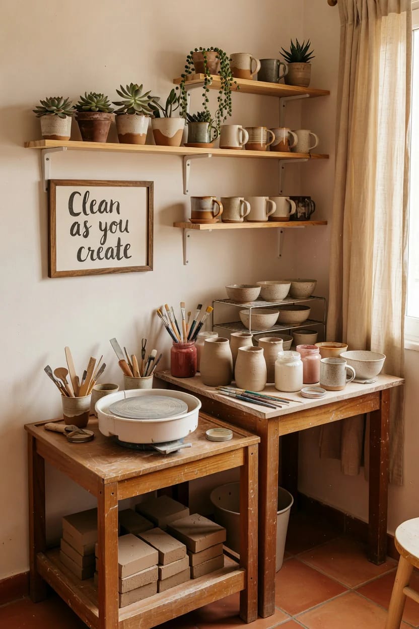 Pottery Studio Ideas That Hold Up Once There's Clay in the Room 17 a pottery studio in an apartment is a cart, a table, and a rule 1