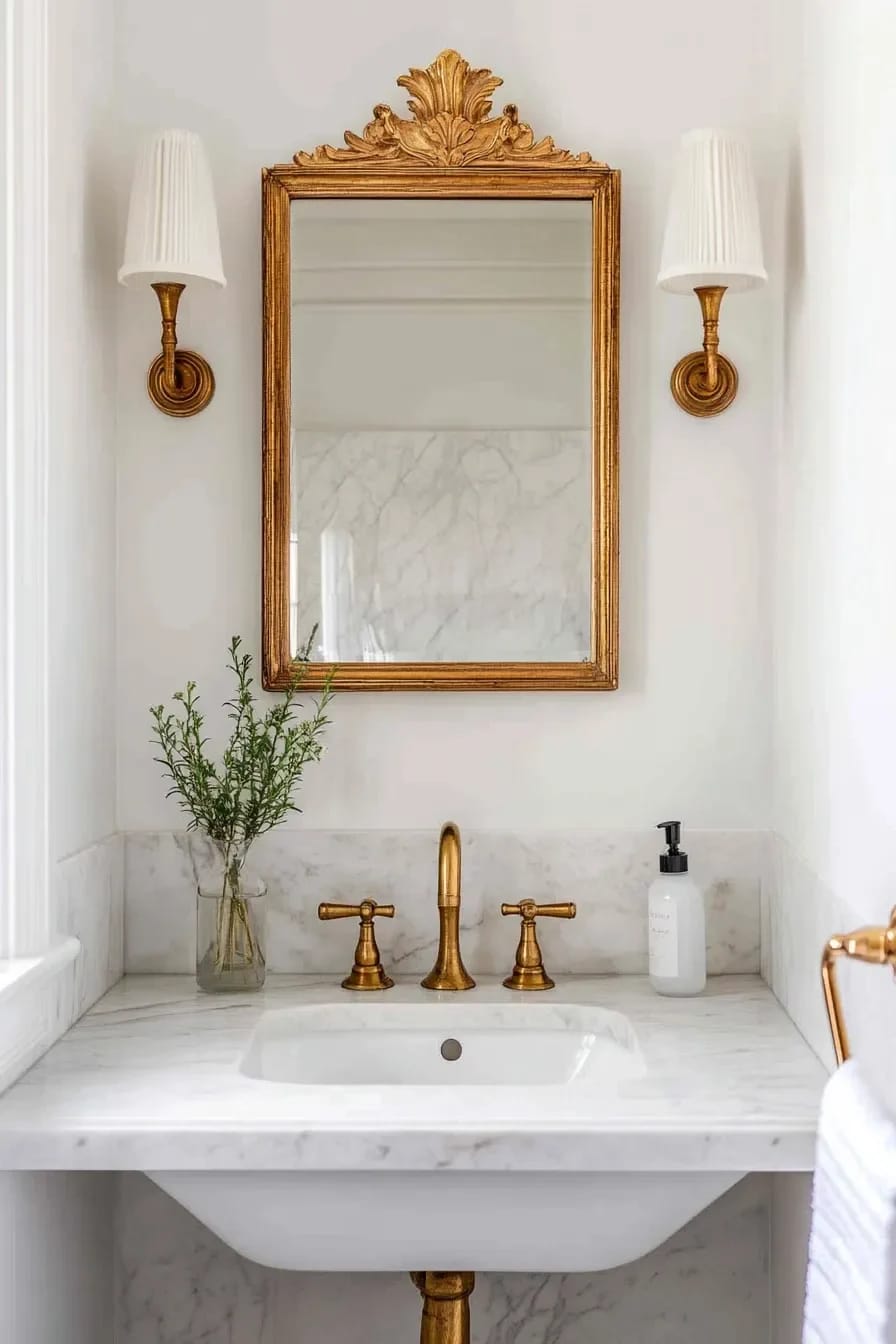 a rococo bathroom survives on one carved mirror and a lot of plain white 1