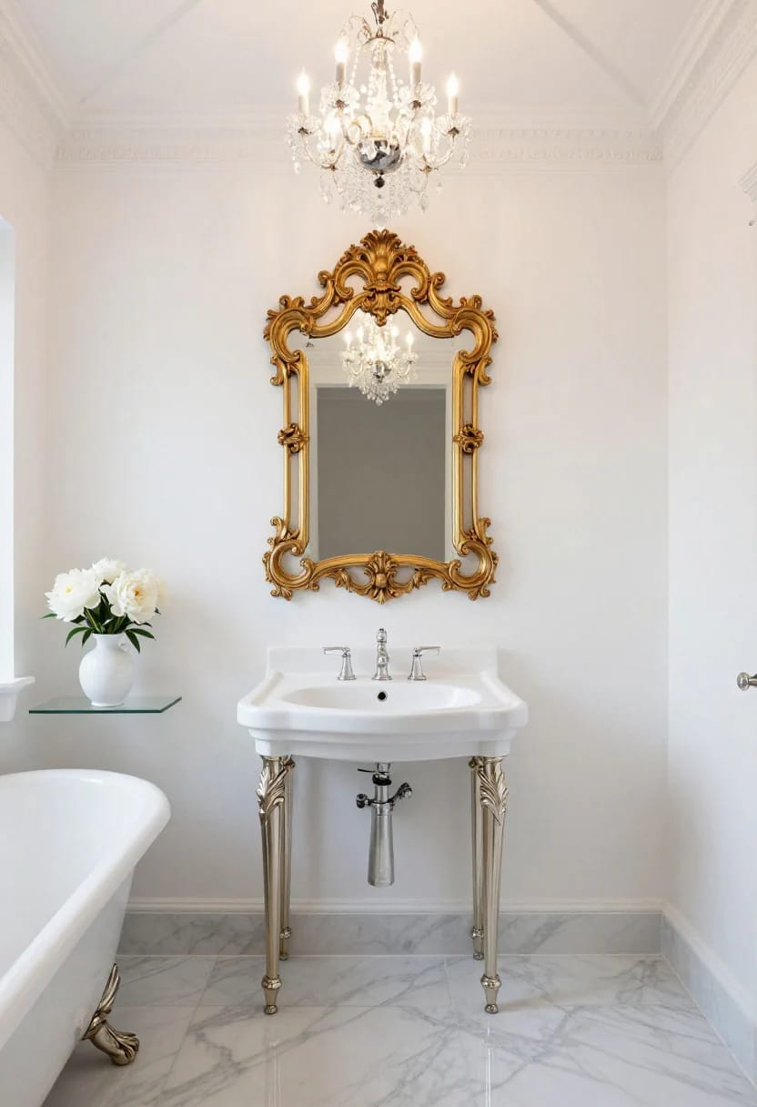 a rococo bathroom survives on one carved mirror and a lot of plain white 1