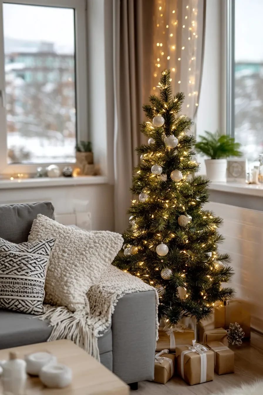 Small Apartment Christmas Tree Ideas for a Slim or Tabletop Tree That Doesn't Look Like a Compromise 9 a slim tree needs more lights per foot, not fewer 1