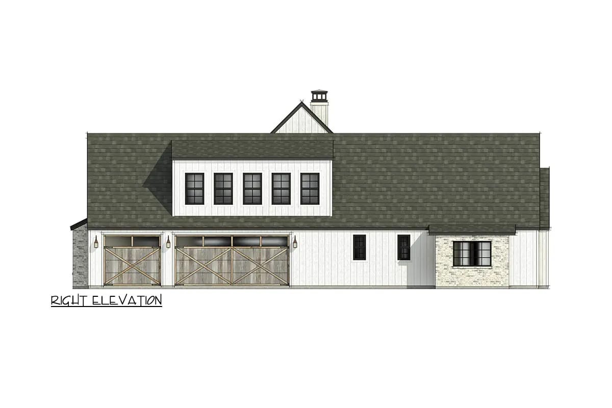 4-Bedroom Modern Farmhouse House Plan with a Vaulted Great Room and Bonus Room (2,877 Sq. Ft. Floor Plan) 13 a three-car garage behind two doors, entered from the side 1