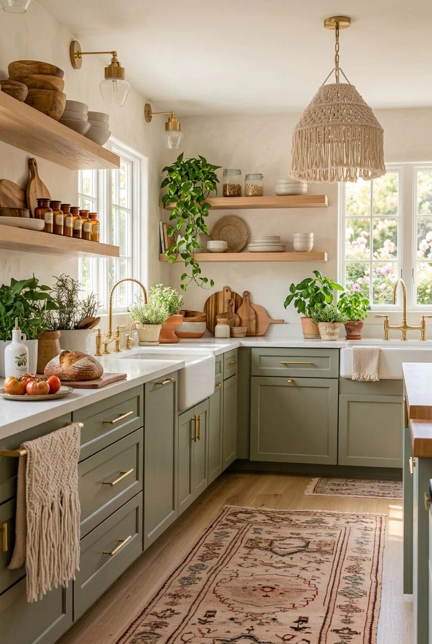 Boho Kitchen Ideas That Hold Up to Actual Cooking 15 a vintage kilim underfoot, not a printed "boho" mat 1