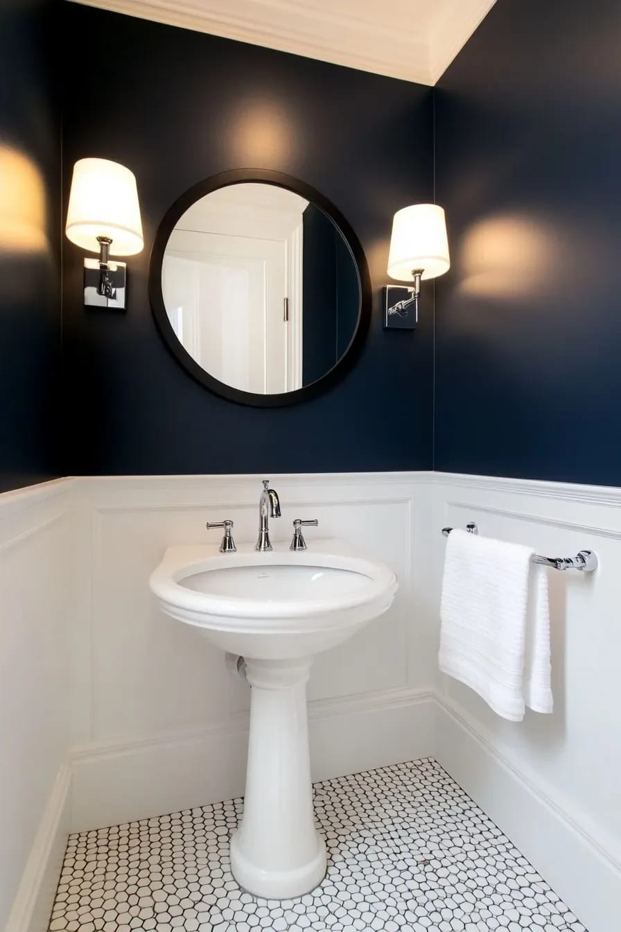 a windowless bathroom is the strongest case for navy, not the weakest 1