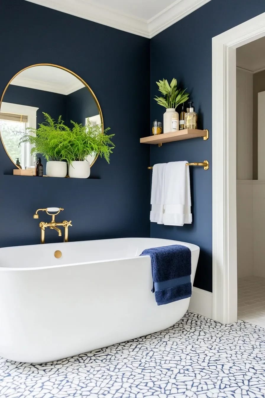 a windowless bathroom is the strongest case for navy, not the weakest 1