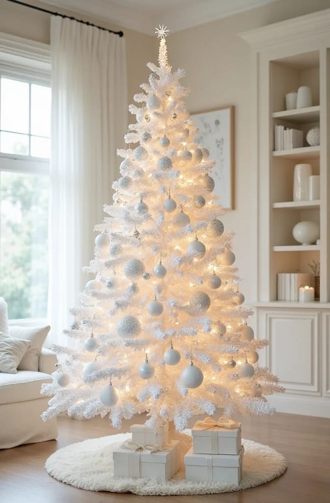 9 Monochrome Christmas Tree Themes for a Single-Color Tree That Still Looks Finished 5 all-white ornaments on a flocked tree: change the finish, not the color 1