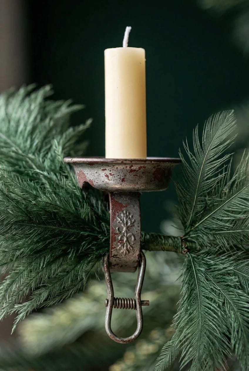 Unlit cream candle held in a weathered metal clip-on candle holder, surrounded by green evergreen branches for an antique feather Christmas tree display