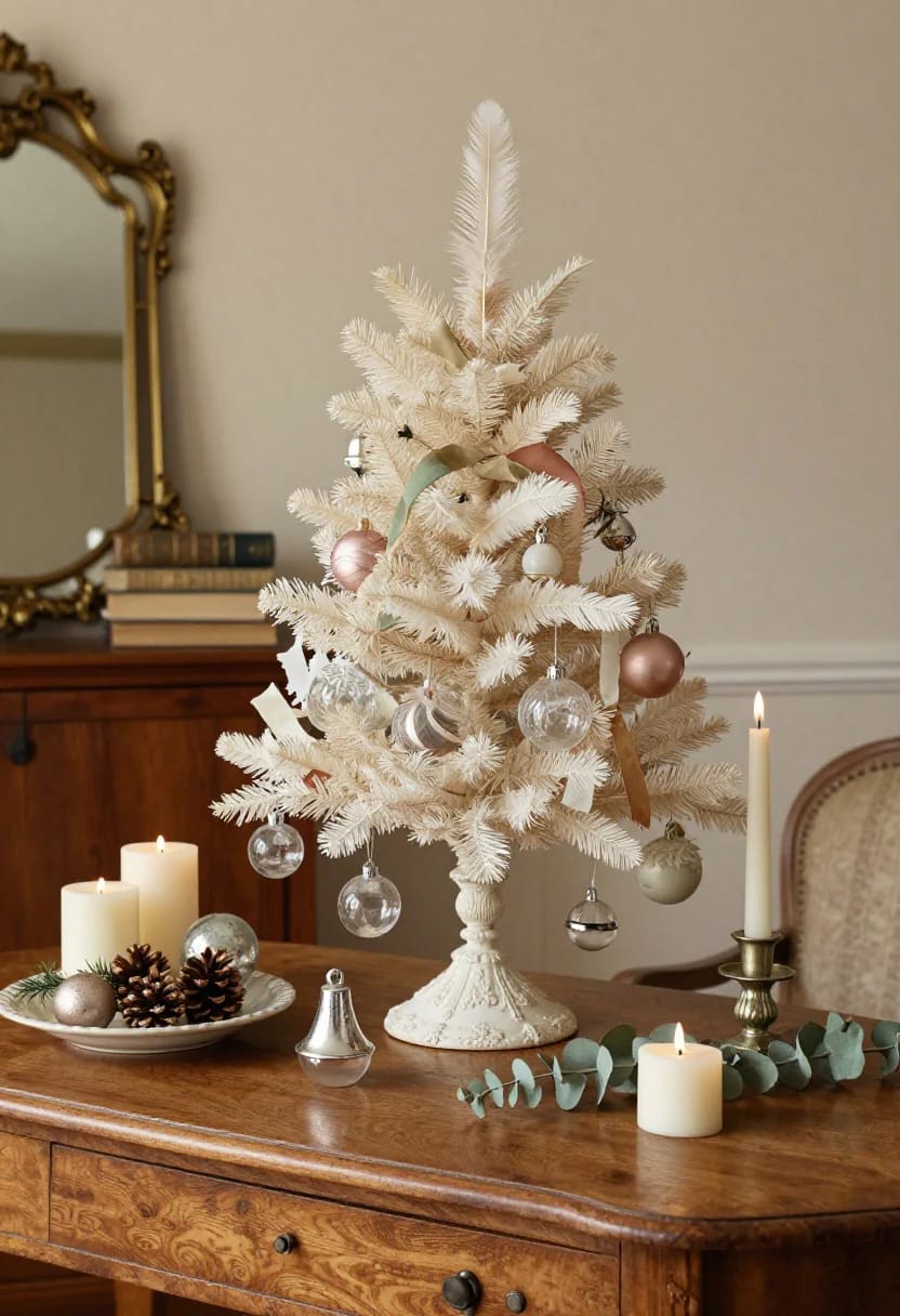Decorated antique white feather Christmas tree with pastel ornaments and ribbon stands on a wooden console table, surrounded by candles, pinecones, greenery, and a decorative mirror.