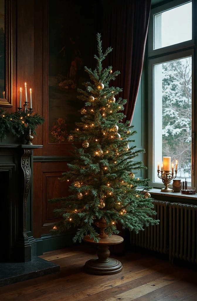 Decorated Christmas tree with warm lights and gold ornaments stands on a wooden pedestal beside a window, with lit candlesticks on the mantel and windowsill, illustrating an antique feather Christmas tree display