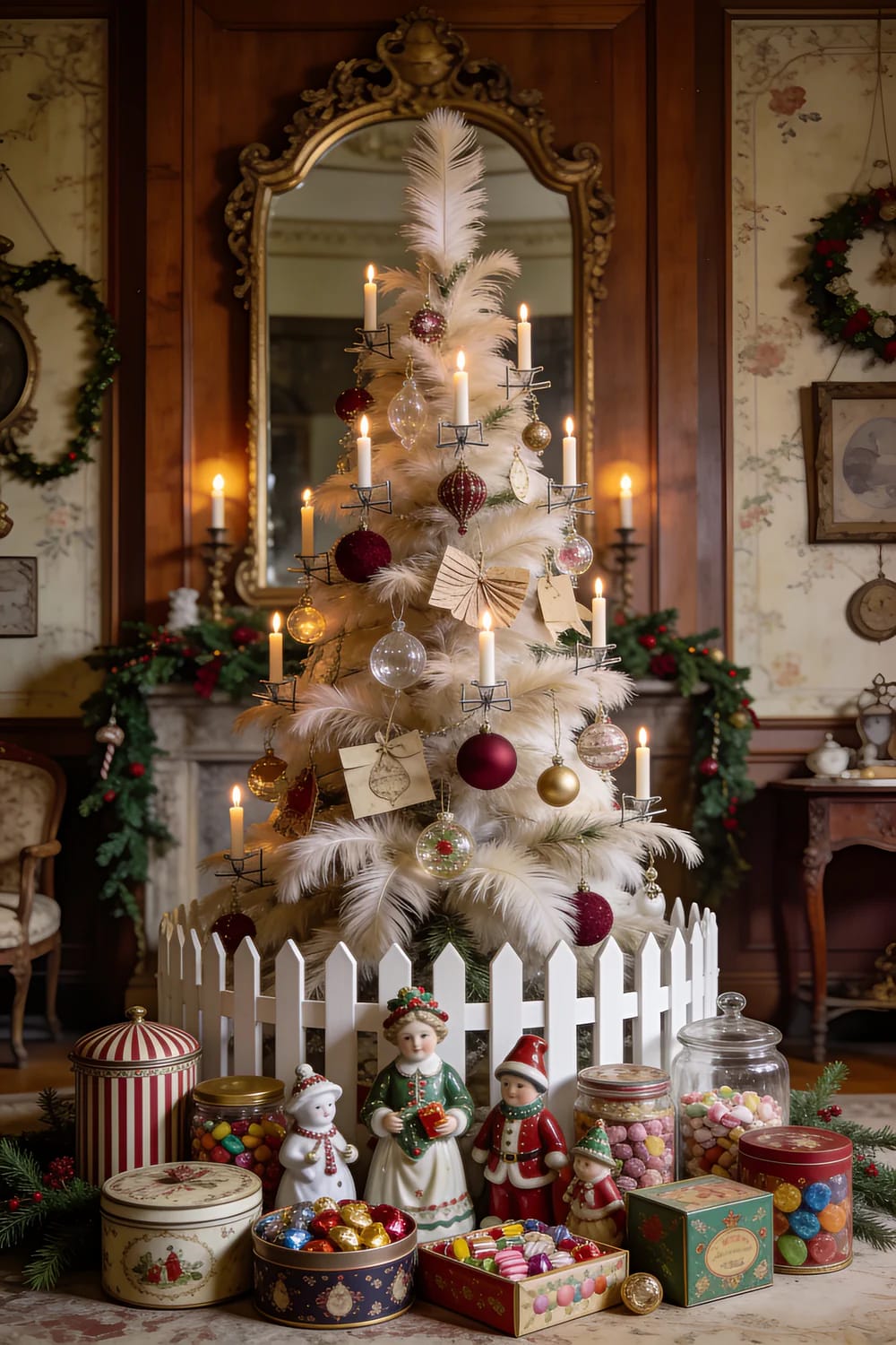 An antique feather Christmas tree decorated with ornaments and clip-on candles stands behind a white picket fence, surrounded by Christmas figurines, colorful sweets, tins, and jars in a traditional room