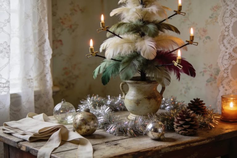 Antique feather Christmas tree with clip-on candles displayed in a vintage urn, surrounded by silver ornaments, tinsel, pinecones, and folded fabric on a rustic table; the candles are visibly lit.