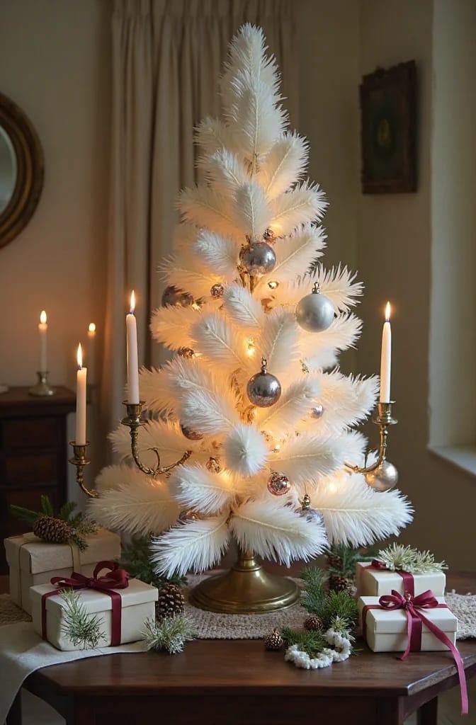 White feather Christmas tree decorated with silver ornaments and clip-on candles, displayed on a table with wrapped gifts and greenery
