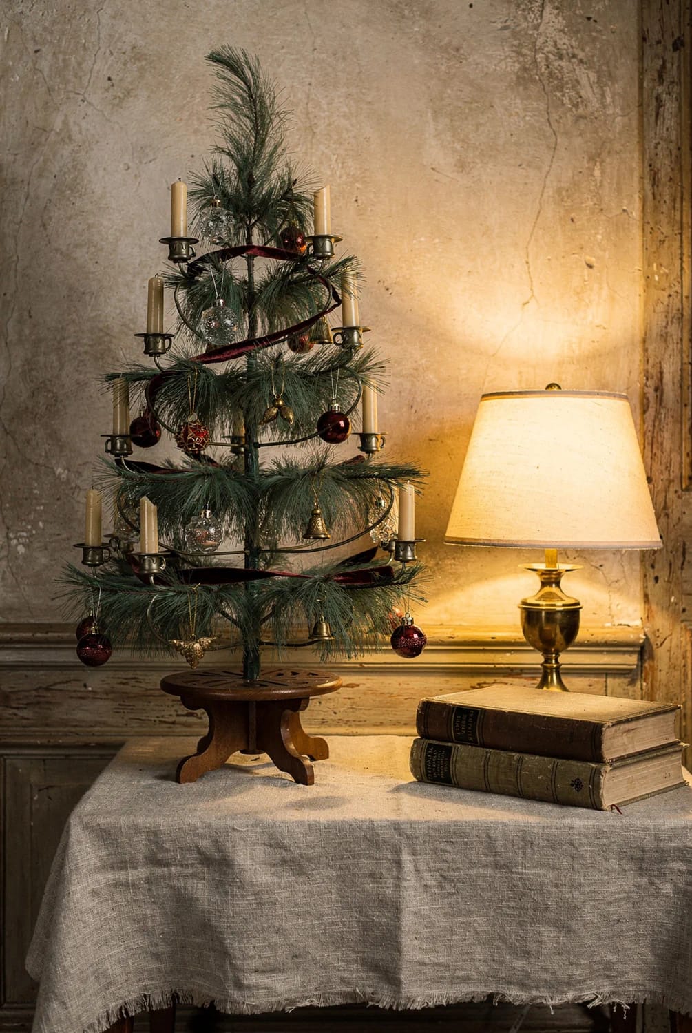 Decorated antique feather Christmas tree with unlit clip-on candles, ribbon, and ornaments on a wooden stand beside a lit table lamp and stacked books
