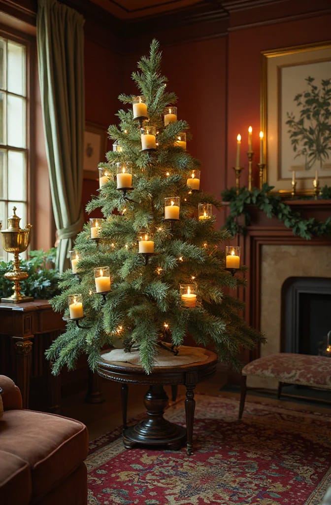 Decorated feather Christmas tree displayed on a round wooden table in a traditional room, with numerous clip-on candleholders and small glowing lights among the branches.