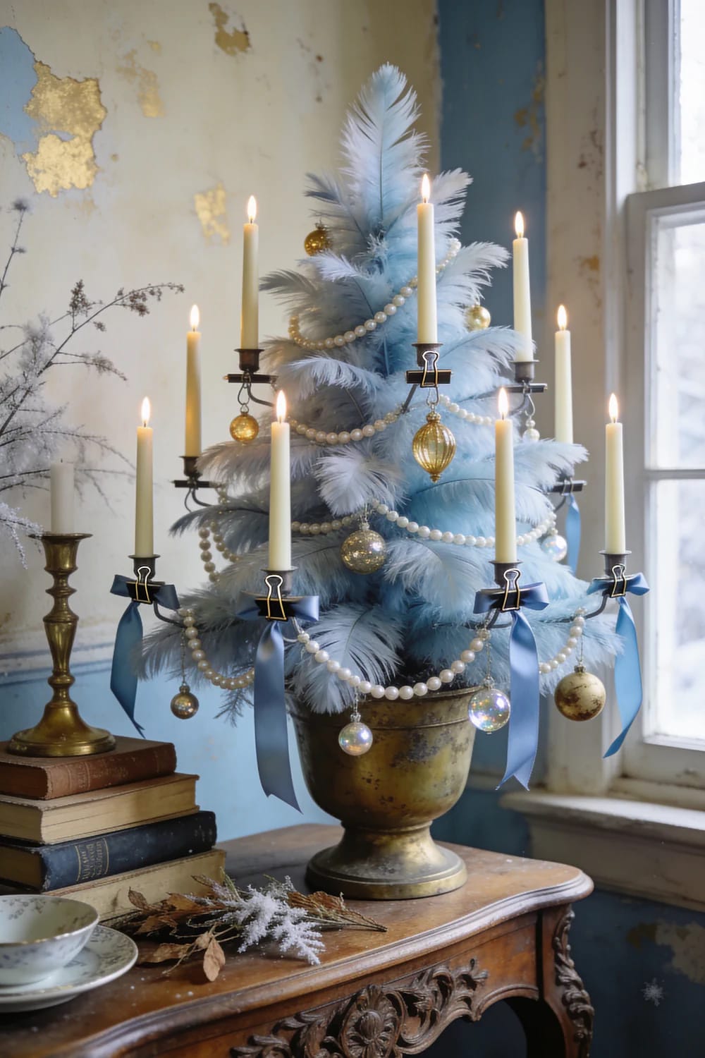 Antique blue-and-white feather Christmas tree decorated with pearl garlands, gold ornaments, blue ribbons, and multiple lit clip-on candles in a brass urn on an antique table